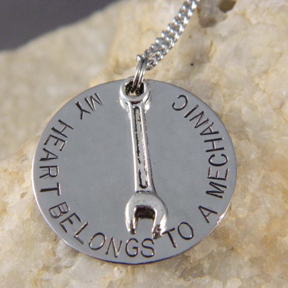 My Heart Belongs to a Mechanic Handstamped Necklace with Small Wrench